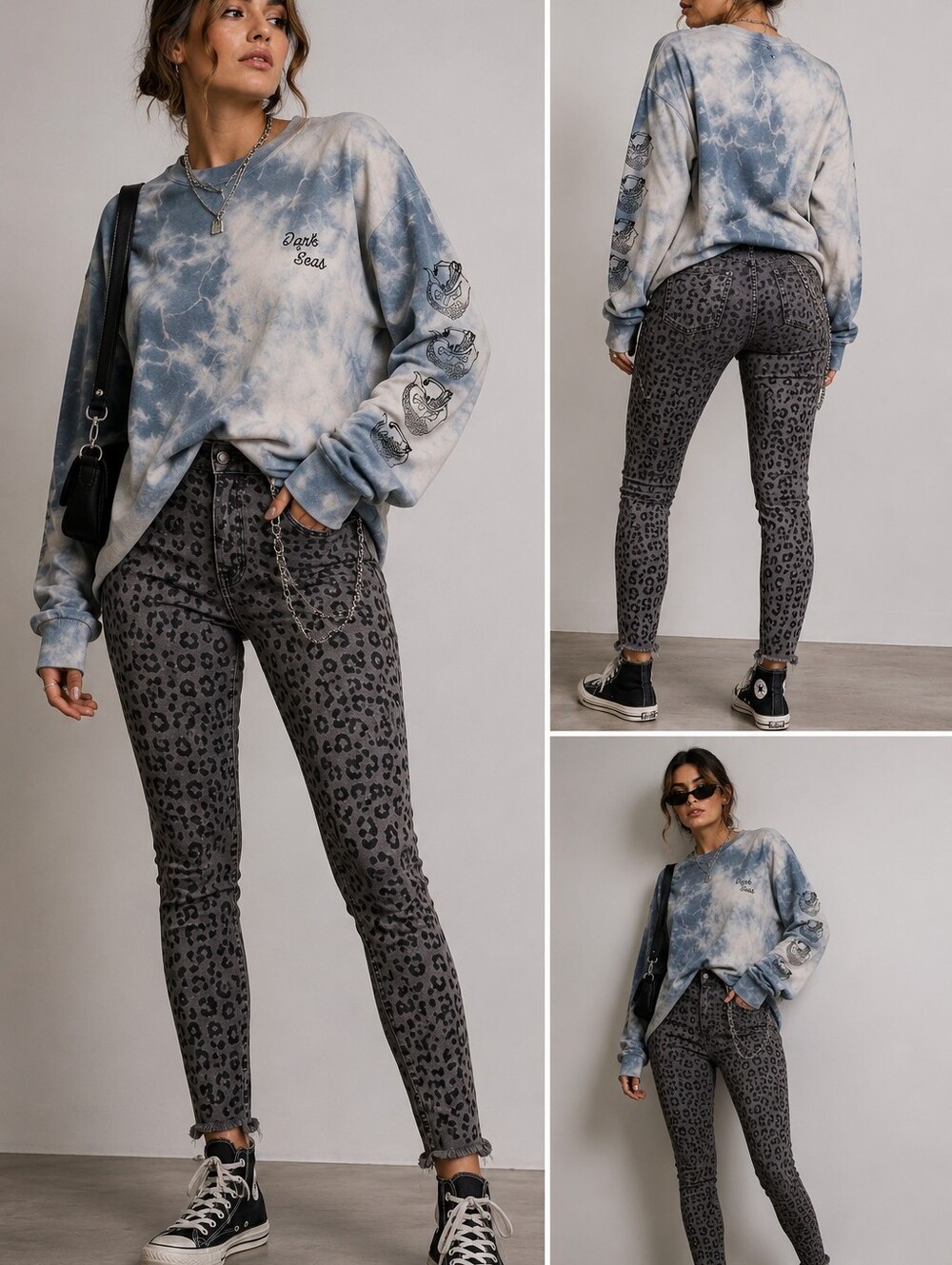 Teal Tie-dye Dark Seas Long Sleeve T-shirt, Pinup Mermaid Small